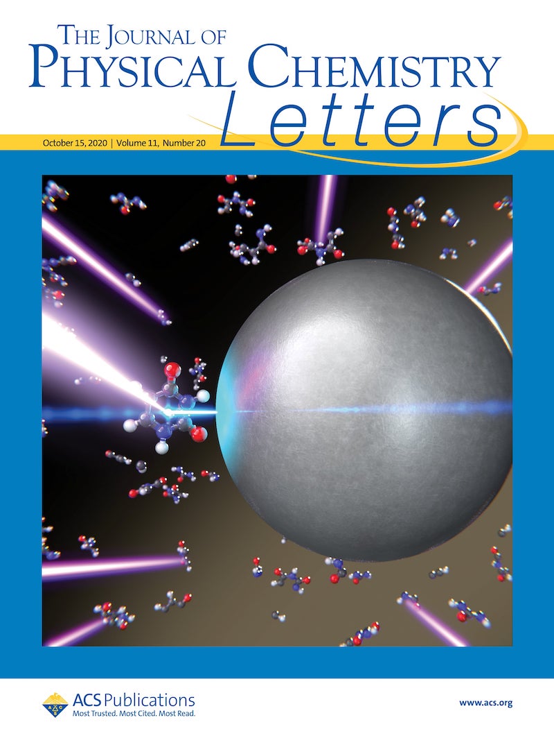 <a href='http://pubs.acs.org/toc/jpclcd/11/20'>JPCL Supplementary Cover</a> illustrating the paper: A uracil molecule excited by UV light (violet) can be protected from photodamage by opening an ultrafast dissipation channel to a lossy nanoplasmonic mode (blue).
